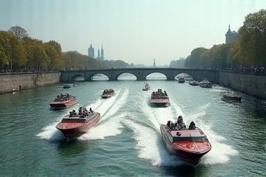 Action sequence setup for 'River Chase' with boats on the Seine River